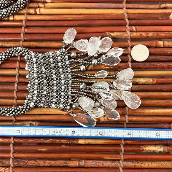 Silver Tone Tassel Statement Necklace | Chico Chico\'s Elegant Silver Long Necklace with Clear Teardrop Tassel Accents 36”-41.5